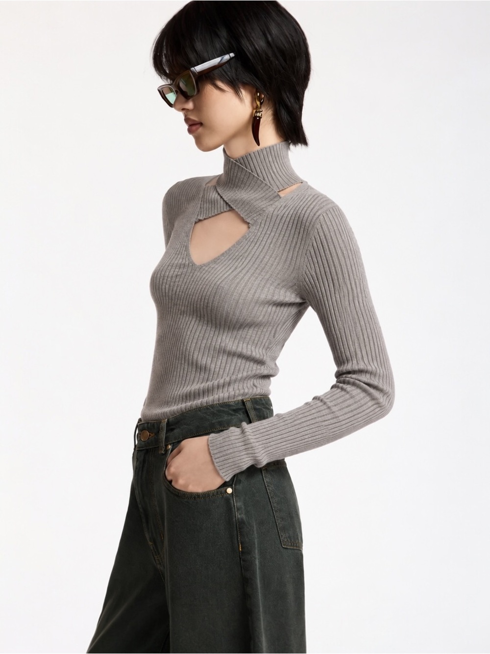 Bailey 44 All In Grey Ribbed Knit Cross Front Cutout Turtleneck Sweater S